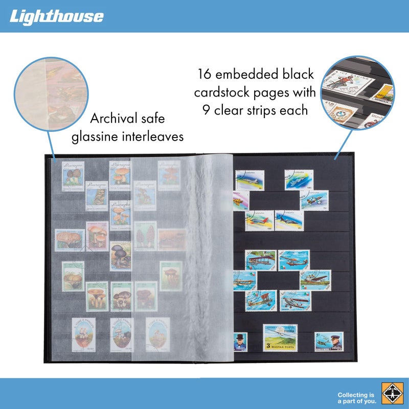 LIGHTHOUSE â€“ â€œBASICâ€ Hard Cover Stockbook for Stamps â€“ 16 Black Cardstock 9â€x12â€ (A4) Pages with Clear Strips - Blue - Image 3